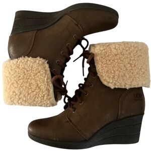 UGG Women's Zea Brown Leather Wedge Boots with Cream Shearling Cuff